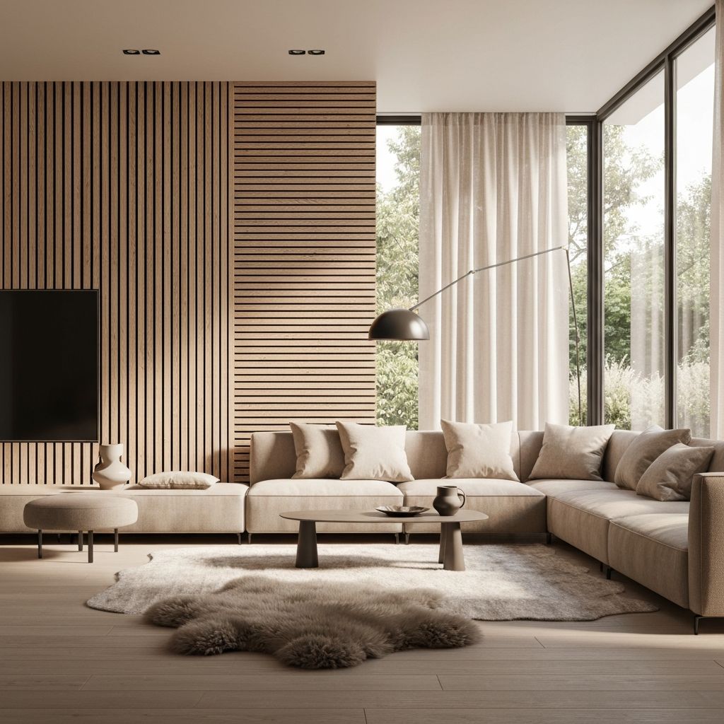 Salon scandinave moderne avec panneaux muraux en bois